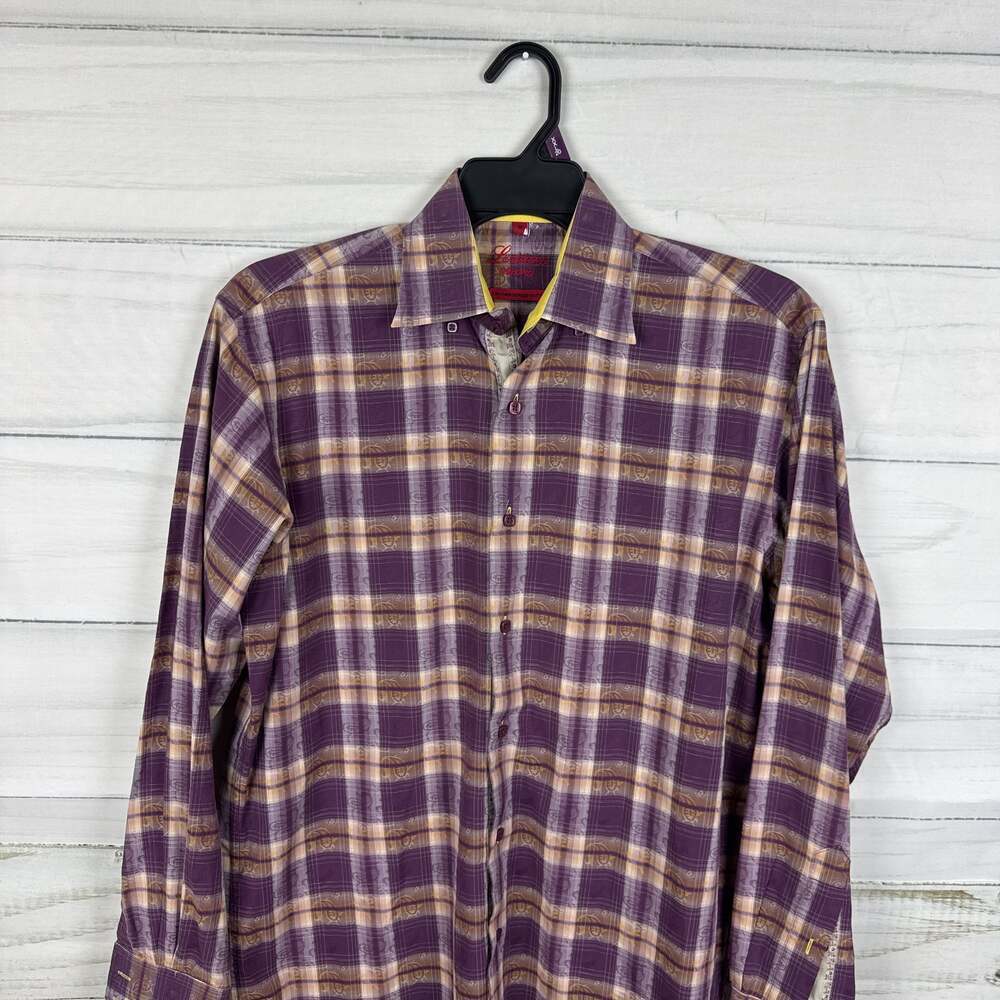M VISCONTI UOOMO MENS SHIRT BURGUNDY YELLOW PURPLE PLAID PAISLEY DAMASK M